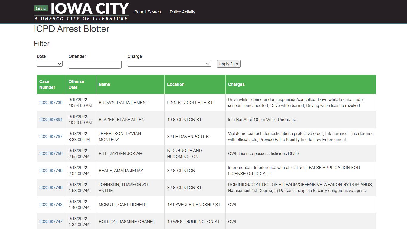 ICPD Arrest Blotter - ICGov Apps - City of Iowa City